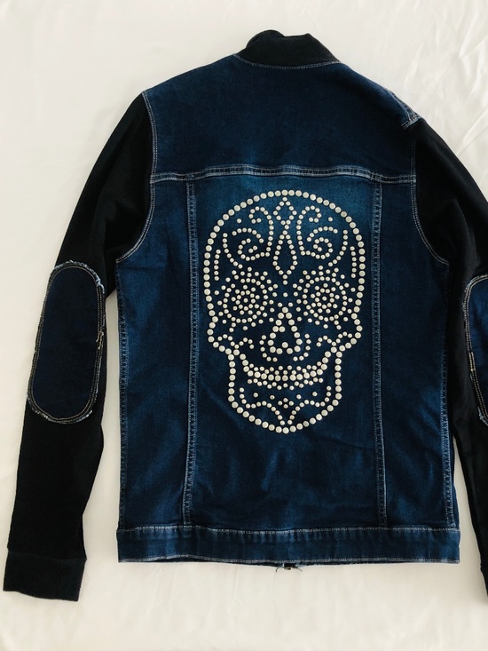 Ay Guey Other - Ay Güey! Mixed Media Studded Sugar Skull Denim Jacket in size S